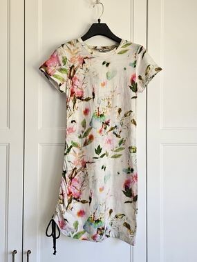 Pam & Gela Summer Floral Printed 100% Cotton Dress Drawstring Tie Hem Size M